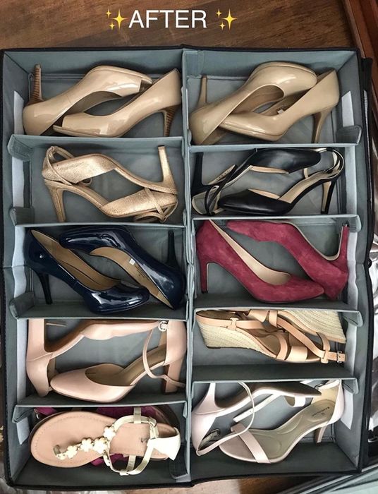 a reviewer's photo of the same shoes neatly arranged in the new under-bed storage drawers