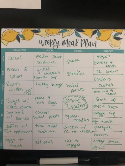 A reviewer's filled-out meal plan on their fridge.
