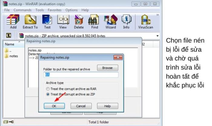 Sử dụng tính năng sửa chữa file nén của WinRAR