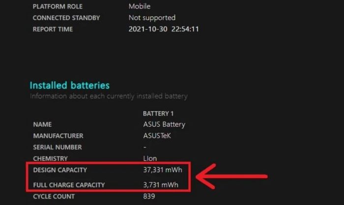 Cuộn xuống và tìm đến mục Installed batteries