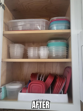 A reviewer's after photo showing their container lids beautifully organized and easy to access.