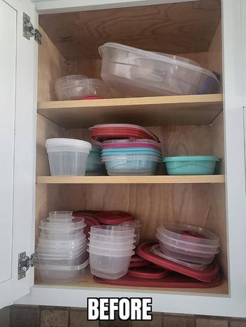 A reviewer's before photo showing a chaotic mess of container lids piled inside a cabinet.