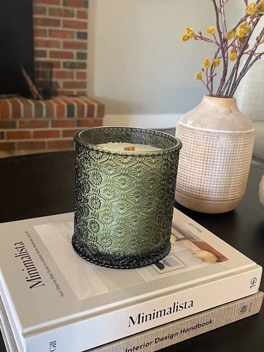 a sage green glass candle