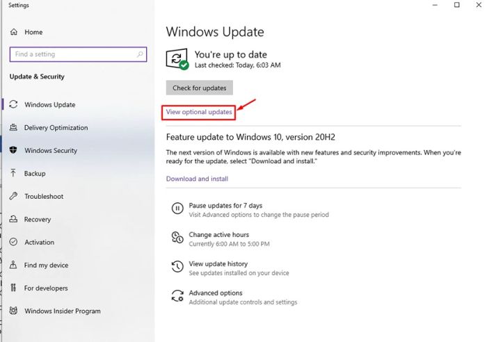 chọn vào mục View Optional updates