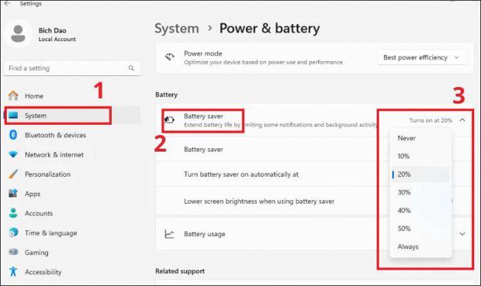 Điều chỉnh mức pin khi bật chế độ Power Saving Mode: 20%, 10%, 5%