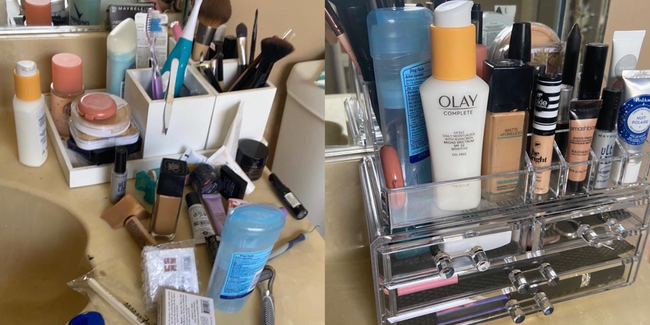 On the left, a chaotic collection of a reviewer's cosmetic products, and on the right, the same items neatly arranged in an organizer.