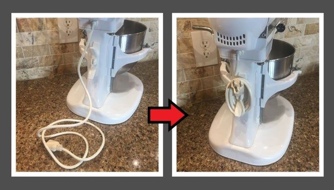 Before-and-after showing a messy, unorganized cord on the left and a neatly wrapped cord on the right, using the cord organizer attachment