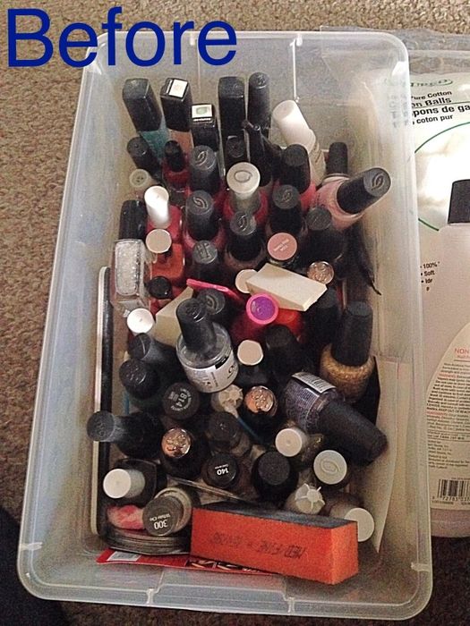 A customer review photo showing their nail polishes before organizing them with the holder.