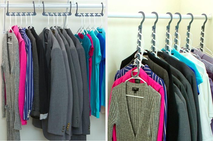 left: Wonder hangers expanded to show they can hold five regular hangers / right: same hangers collapsed to demonstrate how they save precious space