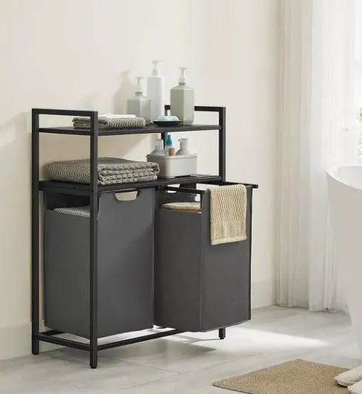 Two laundry baskets filled with clothes, accompanied by shelves holding laundry essentials, set in a sleek, minimalist laundry room environment