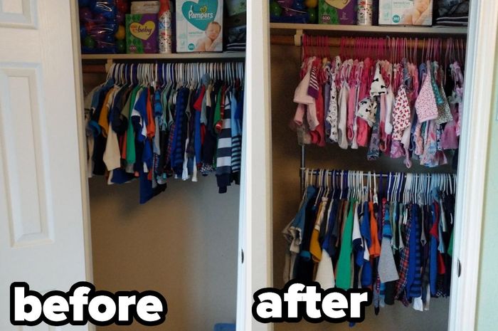 A reviewer's photo showing the closet before and after installing the adjustable rod, doubling the hanging space