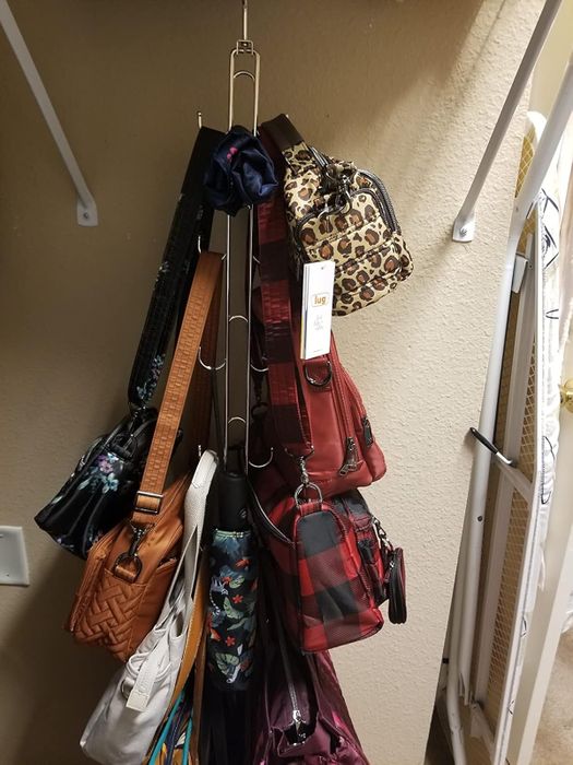 Handbags neatly arranged on a closet organizer, highlighting a variety of styles and patterns, perfect for an article on organization and fashion tips.
