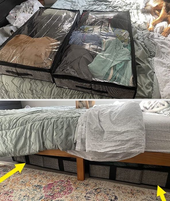 A reviewer demonstrates two neatly packed storage bags tucked away under the bed, showcasing a clutter-free solution.