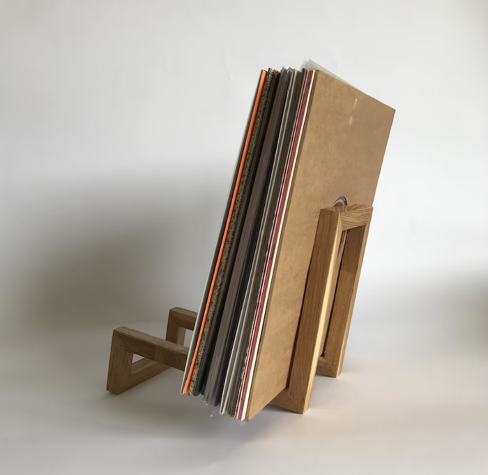 A back view of the wooden vinyl rack