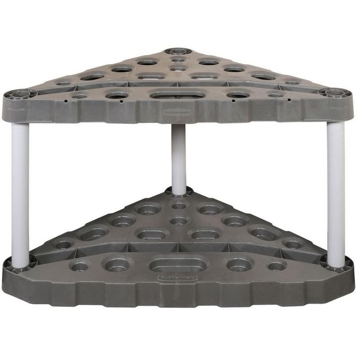 A close-up of the triangular tool rack with slots designed to hold various tools in place