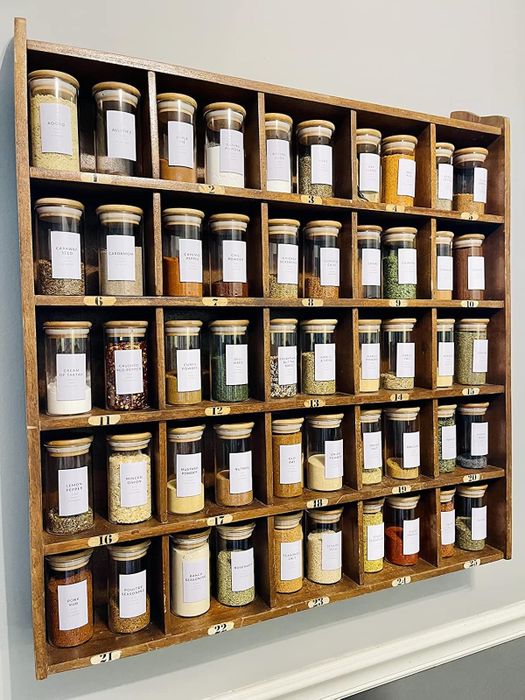 A different reviewer’s spices organized in jars of various sizes.