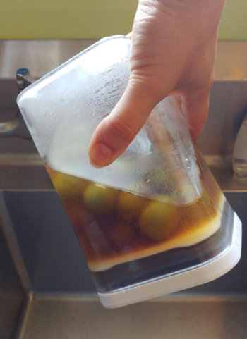 Customer image demonstrating the container being flipped upside down to prove it won’t spill.