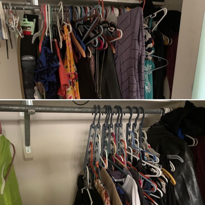 reviewer's closet before and after using space-saving hangers, with significantly more room in the closet after the change.