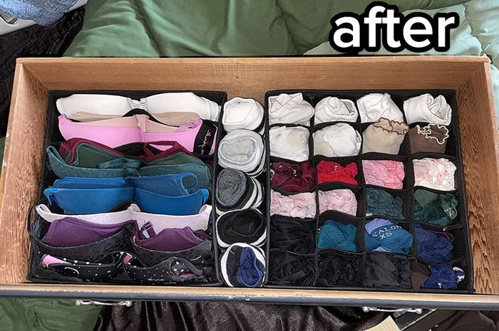 A reviewer's photo showing a neatly organized drawer after using organizers.