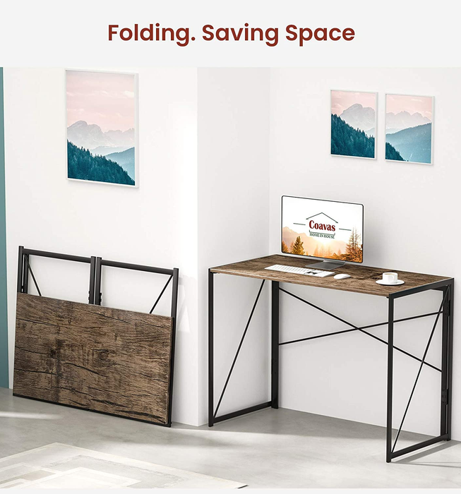 a photo of the desk folded upright for storage