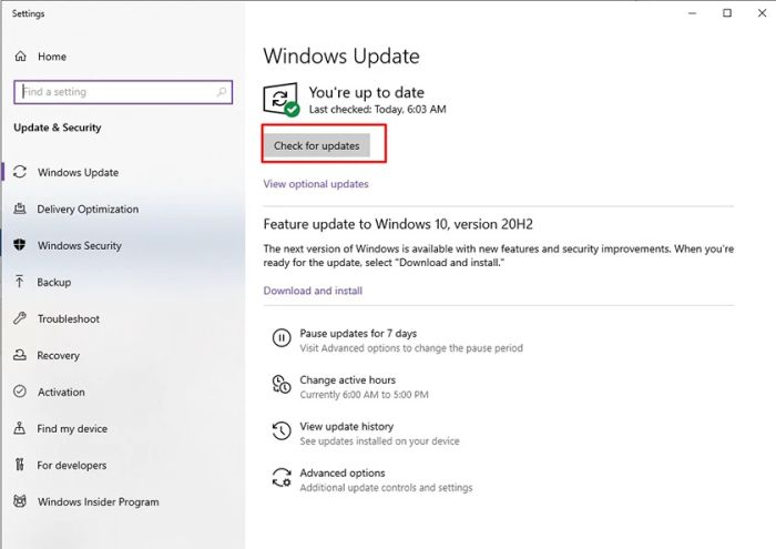 check for update để tiến hành kiểm tra