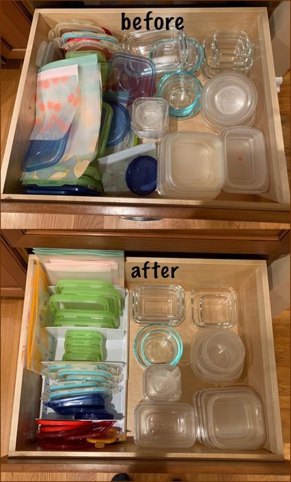 The reviewer's Tupperware containers before and after organizing them with the lid organizer.