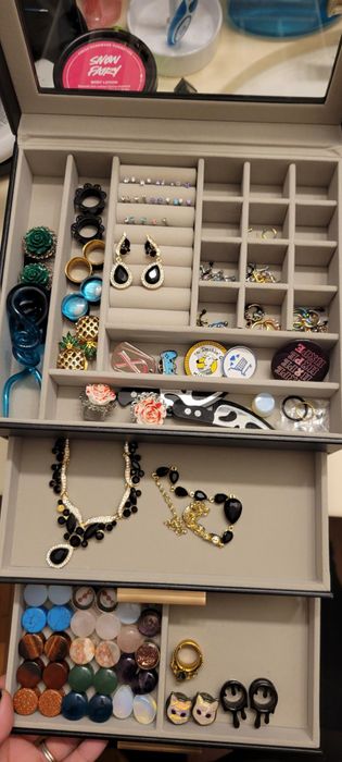 A jewelry organizer displaying a variety of rings, earrings, necklaces, and pins, including beaded jewelry, novelty pins, and assorted rings.