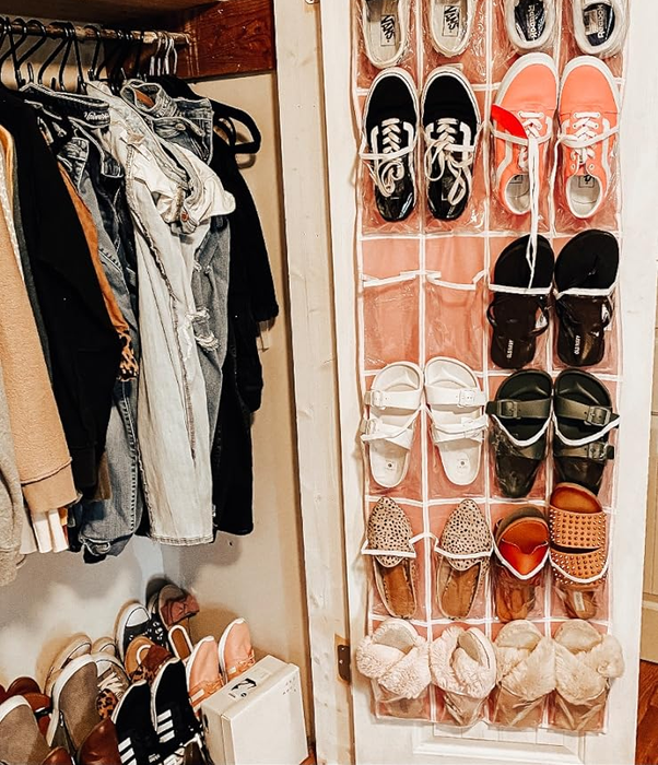 A reviewer's pink organizer hanging over the closet door, neatly storing shoes