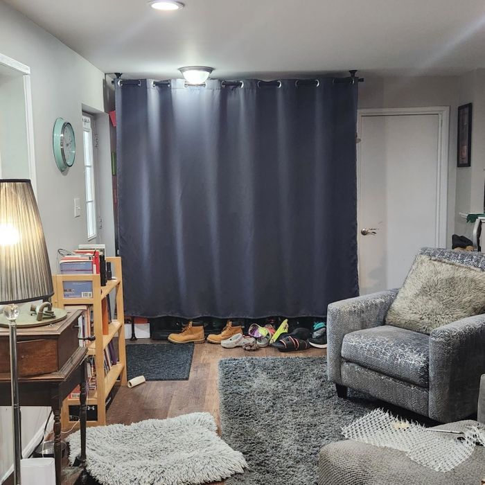 A living room featuring a grey curtain, a bookshelf filled with books and shoes placed near the wall, a grey armchair, and a shaggy rug