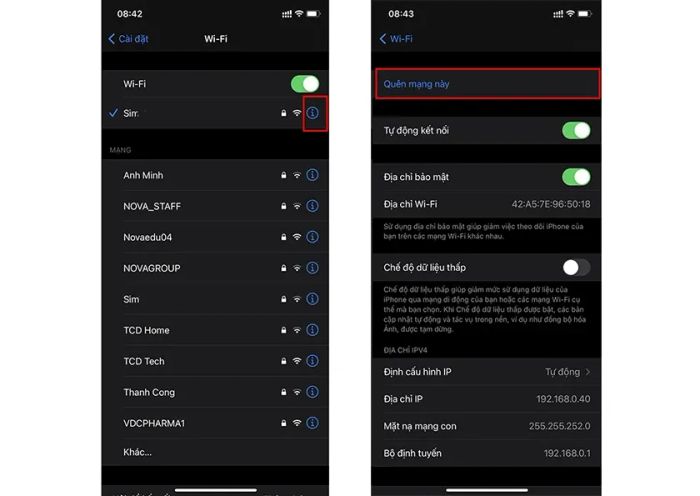 Quên kết nối mạng wifi và kết nối lại iPhone với wifi