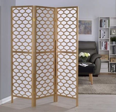 A solid wood room divider featuring a rice paper screen