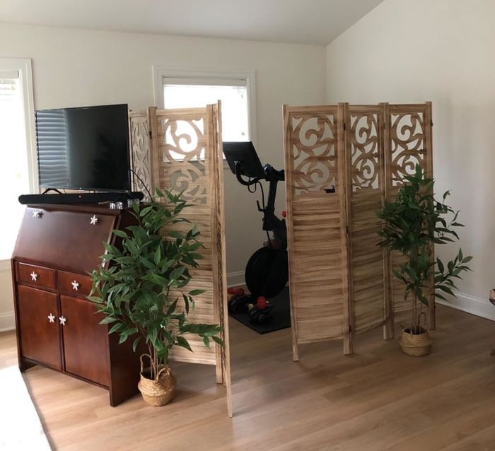 A home workout area with a stationary bike positioned behind decorative wooden folding screens, accompanied by potted plants and a TV on a wooden cabinet