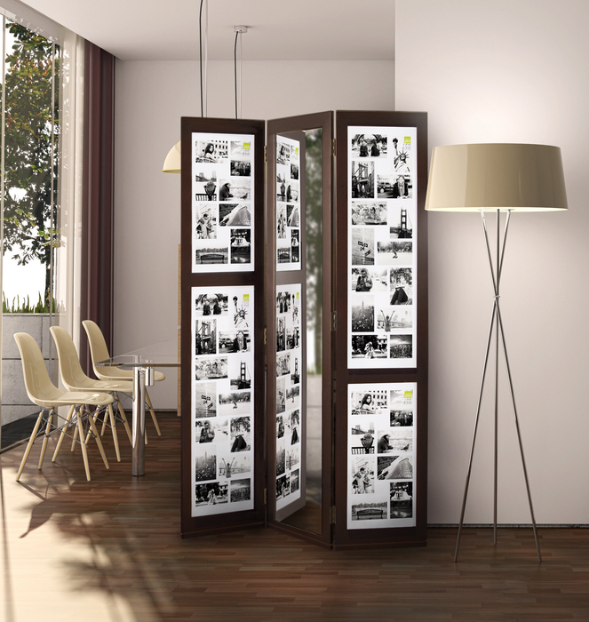 A three-panel divider designed to display photos