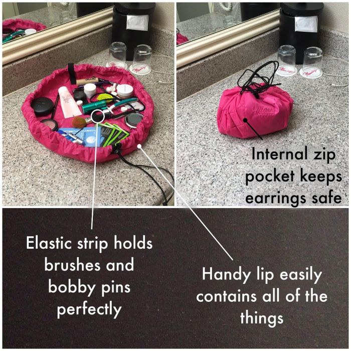 A reviewer's photo and infographic featuring the Lay-n-Go bag.