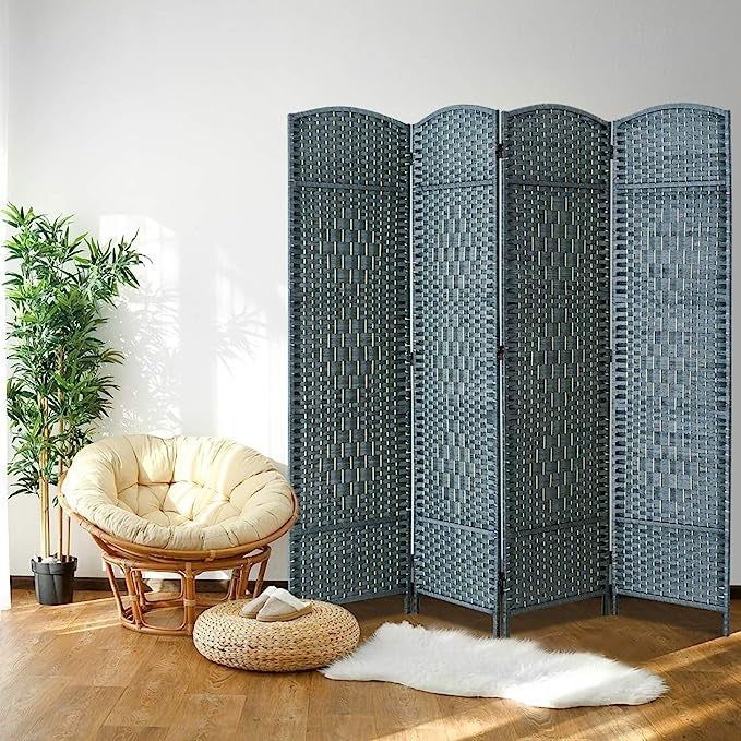 A four-panel woven room divider in a stylish blue hue, perfect for adding both functionality and aesthetic appeal to any space