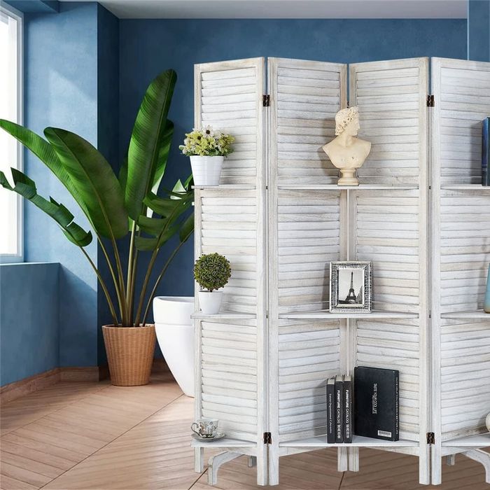 a product image showcasing the divider adorned with decorative items on its shelves
