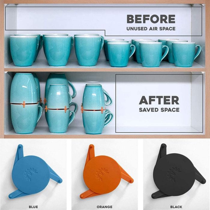 The round adjustable flat organizers in blue, orange, and black, along with a before-and-after shot showing mugs in disarray and then neatly stacked