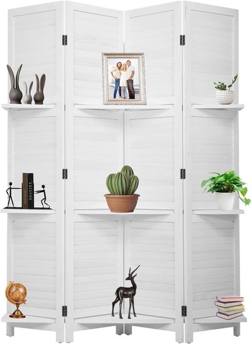A room divider featuring shelves adorned with decorative items such as a globe, cactus, plants, books, statues, and a framed family photo