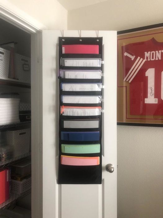 A reviewer's photo showcasing the 10-pocket organizer hanging from the back of a closet door.