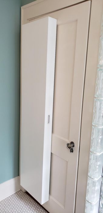 A reviewer's behind-the-door cabinet closet in use.