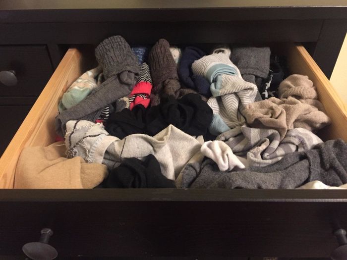 A photo of a reviewer's disorganized sock and underwear drawer