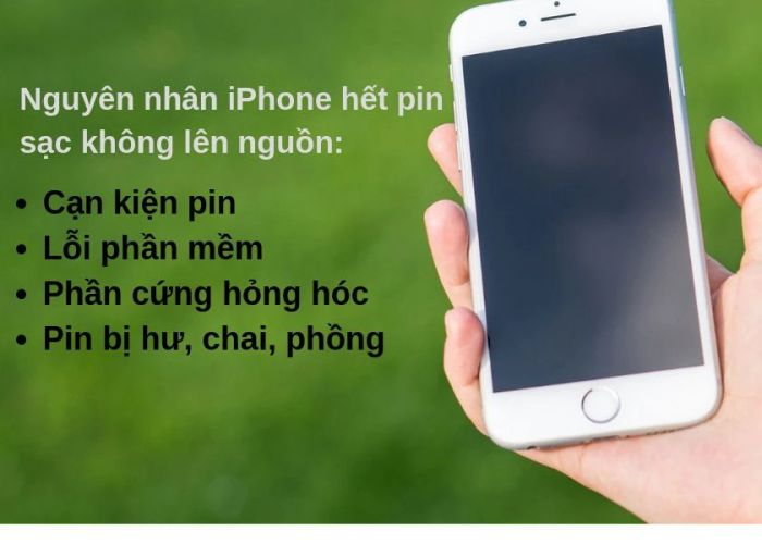 Nguyên nhân gây ra tình trạng iPhone sạc không lên nguồn, tắt nguồn do hết pin và không nhận sạc, hoặc bị tắt nguồn mà không lên khi đang sạc