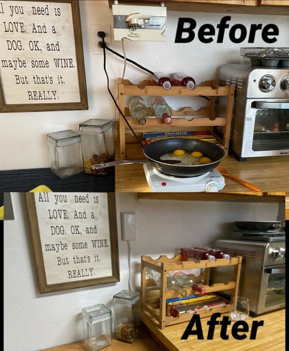 Before photo of a reviewer's cluttered cords in the kitchen, followed by an after photo showing the same outlet with all cords neatly concealed