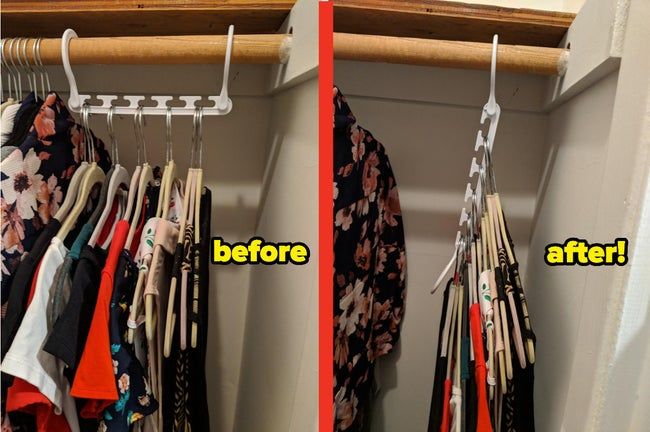Before and after photo from a reviewer showing the significant space saved using Wonder Hangers.
