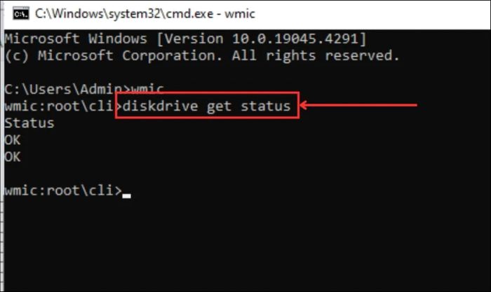 Nhập lệnh diskdrive get status rồi nhấn Enter để kiểm tra tình trạng ổ cứng