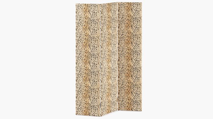 A three-panel folding room divider featuring a leopard print design, ideal for enhancing home decor and providing privacy