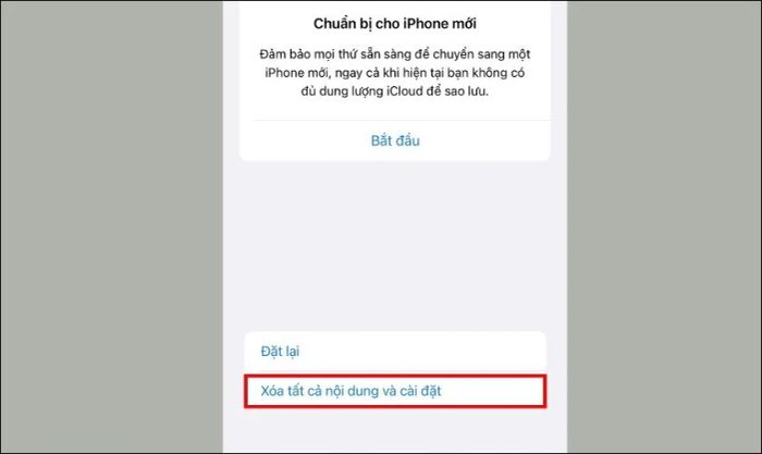Nhấn chọn Xóa tất cả nội dung và cài đặt để bắt đầu
