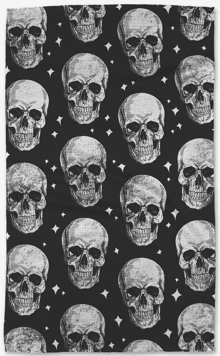 the black and white tea towel featuring a skull design