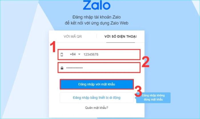Nhập số điện thoại và mật khẩu Zalo.