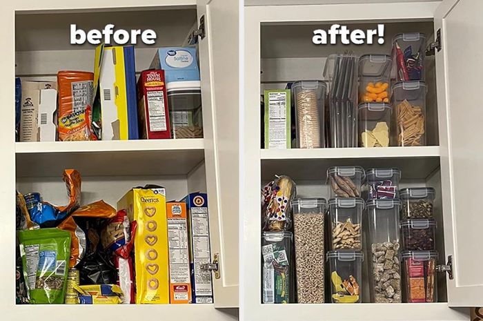 A reviewer displays before and after pictures showing several pantry items transferred into food storage containers